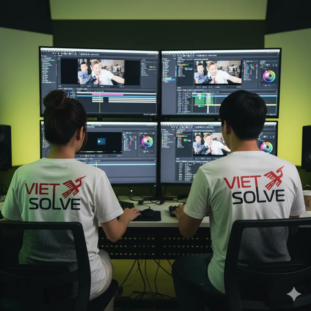 Đội editor VietSolve dựng video trên hệ thống nhiều màn hình